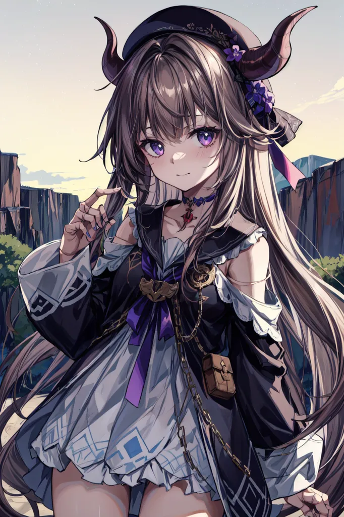 La imagen es de una chica de estilo anime con el cabello largo y castaño, ojos morados y cuernos. Lleva un vestido negro y morado con un cuello blanco y un lazo morado. También lleva un sombrero negro con una flor morada. Está de pie en un cañón rocoso con una montaña grande al fondo.