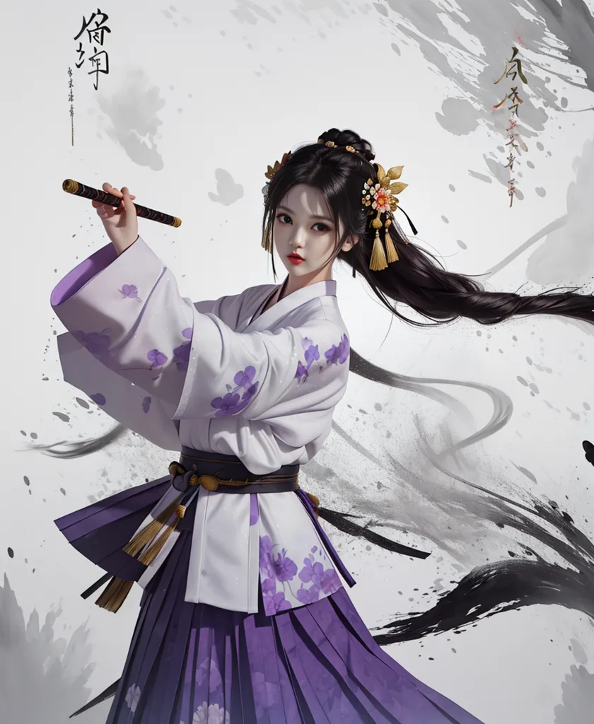 La imagen muestra a una hermosa mujer joven con un kimono blanco y morado, con una espada en la mano. Tiene el cabello negro largo y ojos morados, y está de pie en una pose elegante. El fondo es un desenfoque blanco y negro.