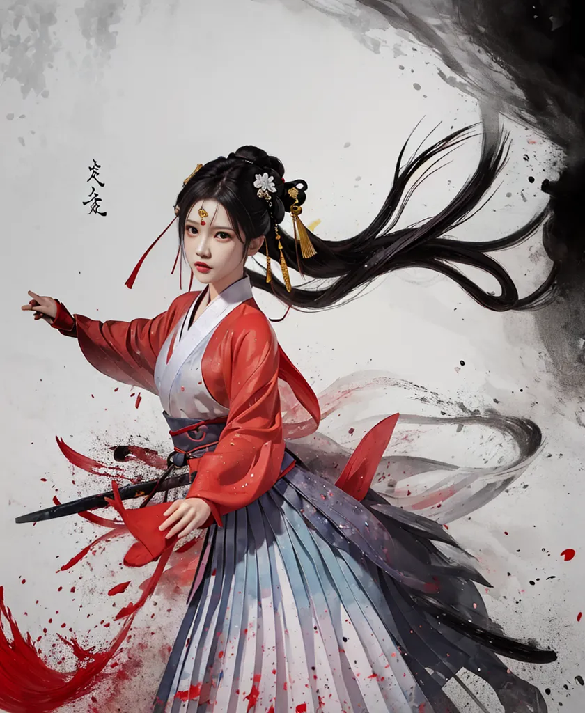 The image is of a Chinese woman in a red and white dress. She has long black hair and is holding a sword. The background is white with splashes of red and black ink. The woman is standing in a dynamic pose, as if she is about to attack. She is wearing a red and white dress with a long skirt. The dress is decorated with gold and silver trim. She has a white belt tied around her waist. Her hair is long and black and is flowing out behind her. She is holding a sword in her right hand. The sword is long and thin and has a red hilt. The background is white with splashes of red and black ink. The red ink is dripping down the woman's body. The black ink is swirling around her feet. The woman is standing in a dynamic pose, as if she is about to attack.