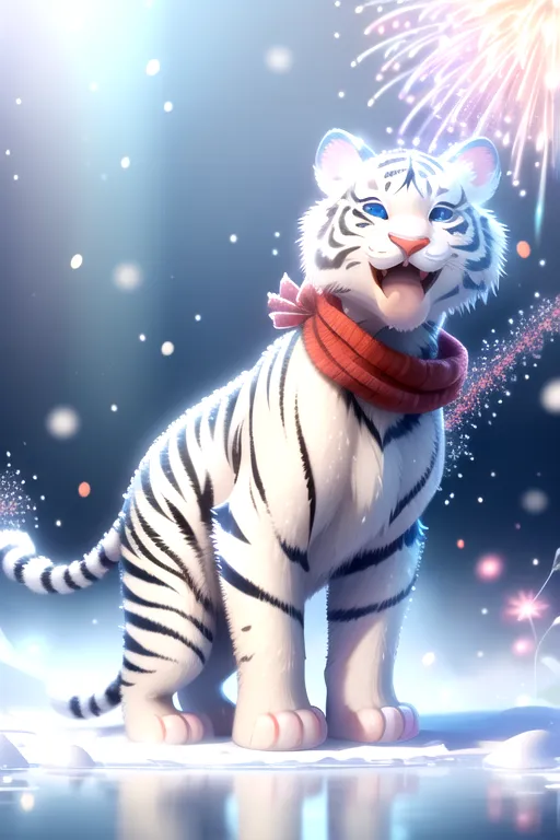 The image shows a cartoon tiger with white fur and black stripes. It is wearing a red scarf around its neck and is standing on a frozen lake surrounded by snow. In the background, there are fireworks exploding in the sky. The tiger is smiling and has its mouth open, and its tongue is hanging out. It looks very happy and excited.