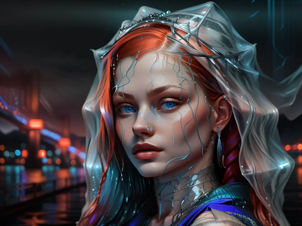 This image shows a woman with an ethereal expression on her face. She has pale skin, red hair, and blue eyes. She is wearing a silver crown and a silver necklace with a blue stone in the center. There are also silver lines painted on her face. She is wearing a blue and silver dress with a high collar. The background is dark with a cityscape in the distance.