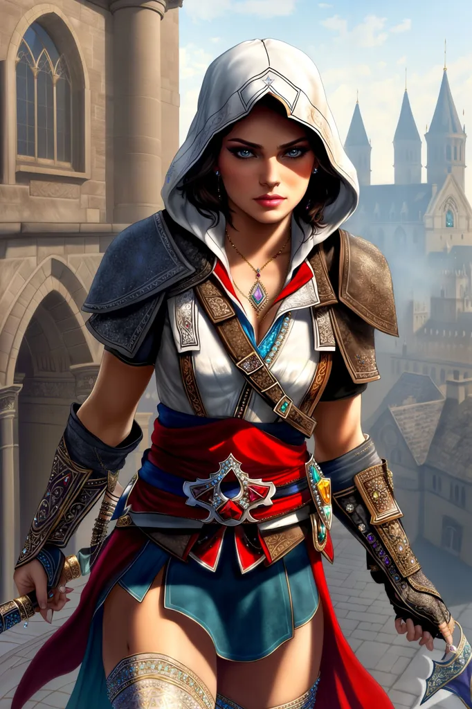 This is an image of a young woman, with brown hair and blue eyes. She is wearing a white and red outfit, with a hood. She is also wearing a lot of jewelry, including a necklace, earrings, and bracelets. She is standing in front of a building, which looks like a castle or a church. There are other buildings in the background, and it looks like there is a city in the distance. The woman is holding a sword in her right hand. She looks like she is ready to fight.