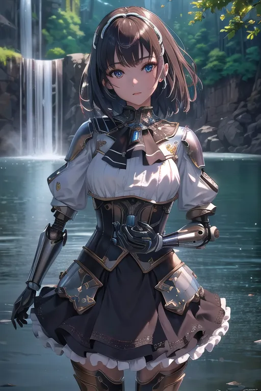 Esta es una imagen de una chica de anime con cabello castaño y ojos azules. Lleva un vestido blanco y marrón con una gema azul en el pecho. También tiene un brazo y una pierna de metal. Está de pie en un bosque cerca de una cascada y parece triste.