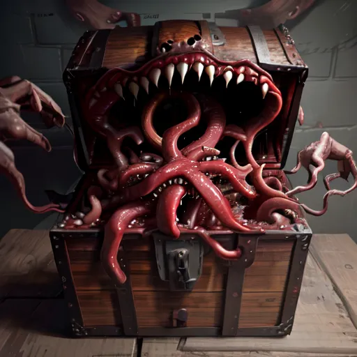 The image is a depiction of a mimic, a type of monster that disguises itself as an object to lure in prey. In this case, the mimic has taken the form of a treasure chest. The chest is made of wood and has a large lock on the front. The inside of the chest is filled with tentacles, which the mimic uses to attack its victims. The mimic is also surrounded by several hands, which are presumably the remains of its previous victims.