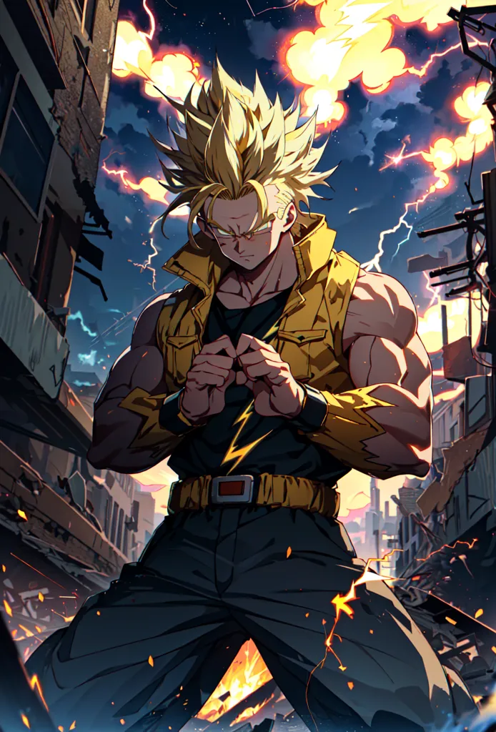 The image shows a muscular man with blond hair and blue eyes. He is wearing a yellow jacket, black pants, and a red belt. He is standing in a destroyed city, and there are lightning bolts in the background. The man is surrounded by rubble, and he has a determined look on his face. He is ready to fight.