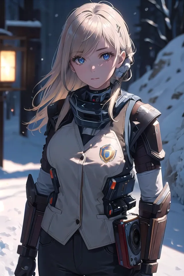 The image depicts a young woman with long blonde hair and blue eyes. She is wearing a white and gray uniform with a black vest. The uniform has a badge on it. She is also wearing a black utility belt with a red and black camera attached to it. She is standing in a snowy forest and there is a lantern in the background.