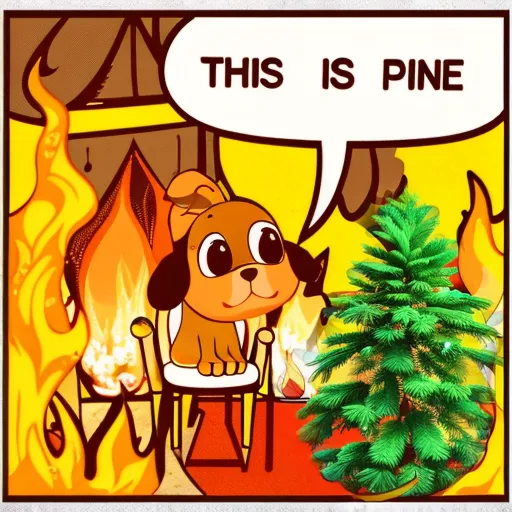 The image is a cartoon of a dog sitting on a chair in a burning room. The dog is looking at a small pine tree and saying "This is pine." The flames are getting closer to the dog, but it doesn't seem to be worried. The image is funny because it is unexpected and the dog's expression is so calm.