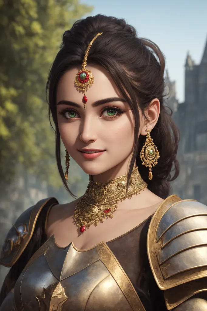 The image shows a young woman with long brown hair and green eyes. She is wearing a golden necklace and earrings, and a brown and gold breastplate. The background is blurred, but it looks like there is a castle in the distance. The woman is smiling and looking at the viewer.