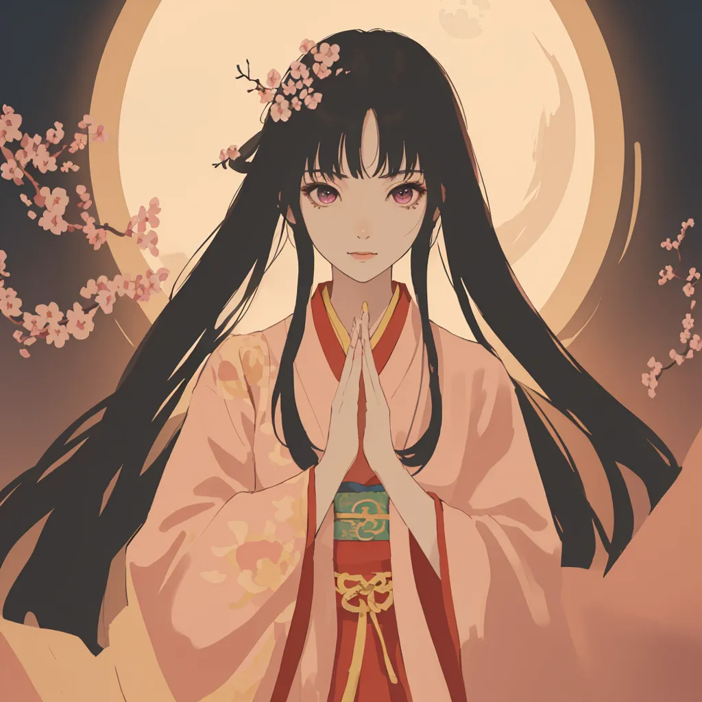 La imagen es un retrato de una mujer joven con cabello negro largo. Ella está usando un kimono japonés tradicional con un obi rosa y tiene un pasador de flor de cerezo en el cabello. El fondo es una luna llena con algunas ramas de flor de cerezo. La mujer mira al espectador con una expresión serena en su rostro.