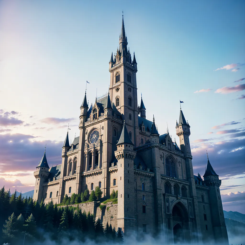 The image is of Neuschwanstein Castle, a 19th-century palace in Bavaria, Germany. The castle is perched on a hilltop and surrounded by lush forests. It has a fairytale-like appearance, with its turrets, towers, and gables.