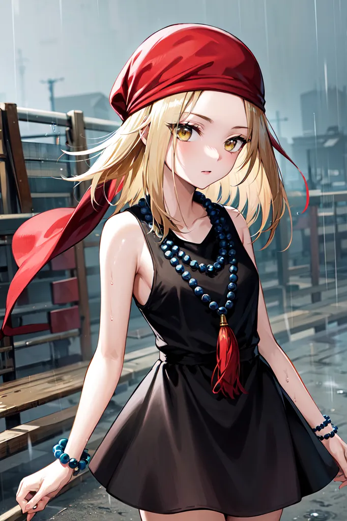 This is an image of a young woman with long blonde hair and yellow eyes. She is wearing a red bandana, a blue beaded necklace with a red tassel, and a black dress. She is standing in a rainy street with a wooden fence in the background. The rain is depicted by light blue lines in the image.