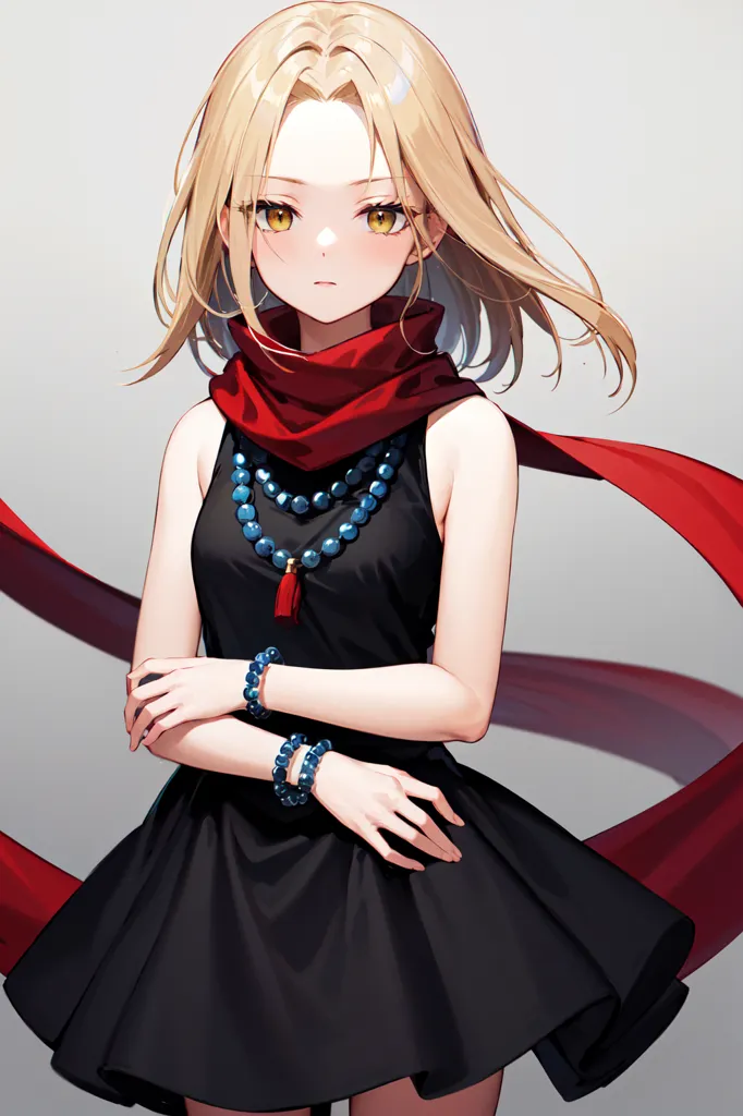 The image shows a young woman with long blond hair and yellow eyes. She is wearing a sleeveless black dress with a red scarf around her neck and blue beaded bracelets on her right arm. She has a serious expression on her face and is looking at the viewer with her arms crossed over her chest.