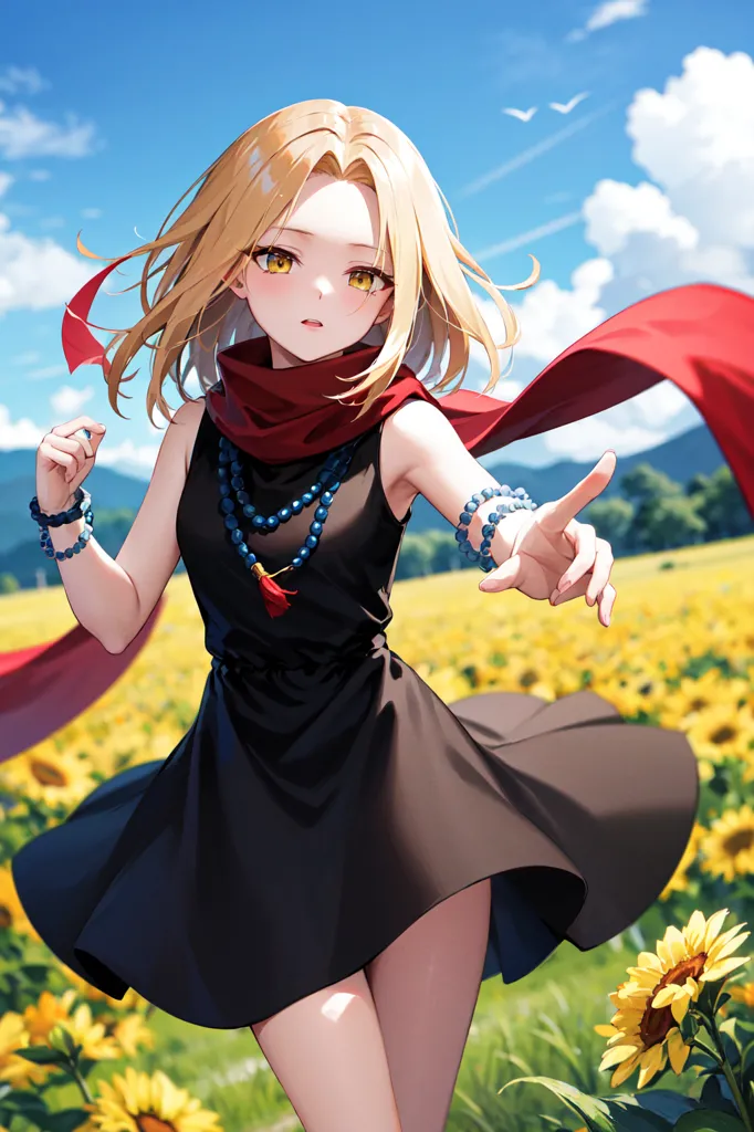 The image shows a young woman standing in a field of sunflowers. She is wearing a black dress and a red scarf. Her blonde hair is blowing in the wind. The background is a blue sky with white clouds. The girl has her arms outstretched and her eyes closed. She looks like she is enjoying the sun.