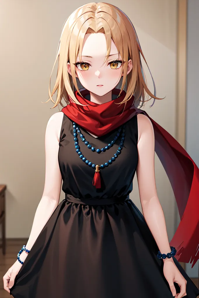 The image shows a young woman with blond hair and yellow eyes. She is wearing a black dress with a red scarf around her neck and a beaded necklace with a red tassel. She is also wearing two bracelets on her left wrist. She has a serious expression on her face.