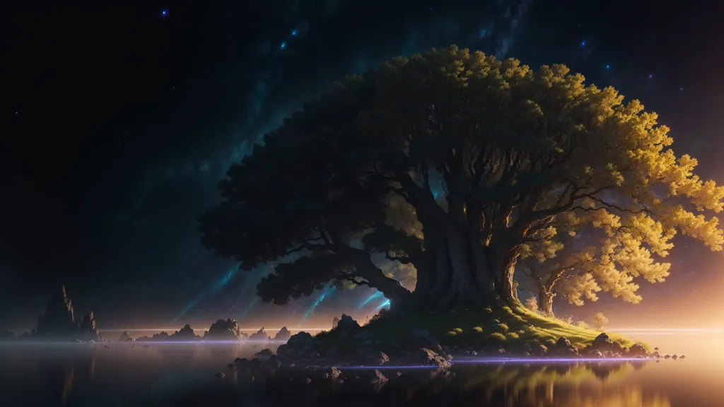 L'image est un magnifique paysage d'un grand arbre avec une pleine lune en arrière-plan. L'arbre est entouré d'un plan d'eau, avec des rochers et d'autres végétations émergeant de l'eau. Le ciel est sombre et étoilé, avec quelques nuages parsemant l'horizon. L'eau est calme et immobile, reflétant la lumière de la lune et des étoiles. L'ambiance générale de l'image est celle de la paix et de la tranquillité.