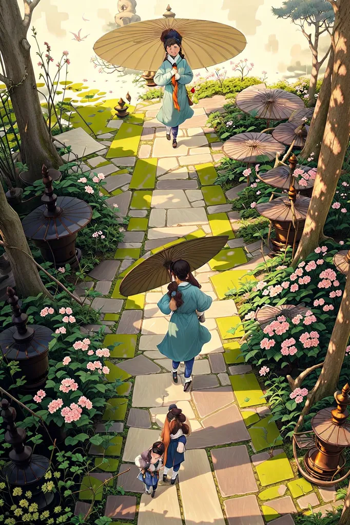 The image is set in a beautiful garden with a long stone path running through the middle. The path is lined with lush green plants and colorful flowers. There are also several stone lanterns along the path. A woman and two children are walking down the path. The woman is wearing a traditional Korean hanbok and is carrying a parasol. The children are also wearing hanboks. The woman is holding the hand of the younger child, while the older child is walking ahead of them. The image is peaceful and serene, and it captures the beauty of the Korean garden.