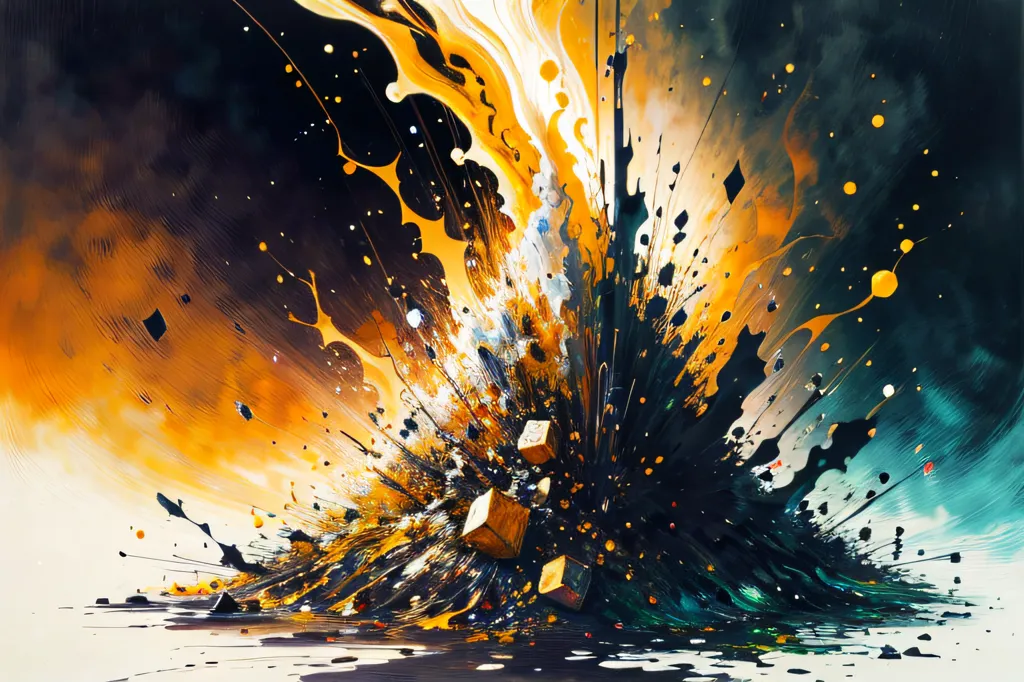 The image is an abstract painting. It has a dark background with bright yellow and orange splatters. There is a white cube in the center of the painting, and it looks like it is exploding. The painting is very dynamic and has a lot of energy.