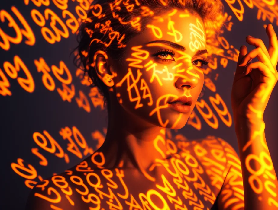 La foto muestra a una mujer con luz naranja proyectada en su rostro y parte superior del cuerpo. La luz está en forma de varios símbolos y letras diferentes, y crea un efecto impactante y algo surrealista. La expresión de la mujer es seria e introspectiva, y parece estar perdida en sus pensamientos. La foto está tomada desde un ángulo cercano, y el rostro de la mujer es el foco principal de la imagen. El fondo es oscuro, y ayuda a que el rostro de la mujer destaque. La foto está bien iluminada, y los colores son vibrantes y saturados. El efecto general de la foto es de belleza y misterio.