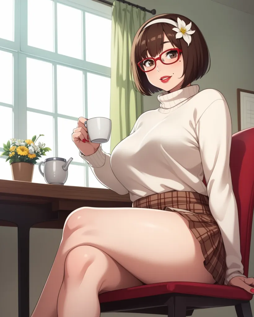 The image shows a young woman with brown hair and red glasses sitting in a chair. She is wearing a white turtleneck blouse and a brown plaid skirt. The woman is holding a teacup in her right hand. There is a teapot on the table next to her. The woman has a flower in her hair. She is sitting in front of a window. There are flowers in front of the window.