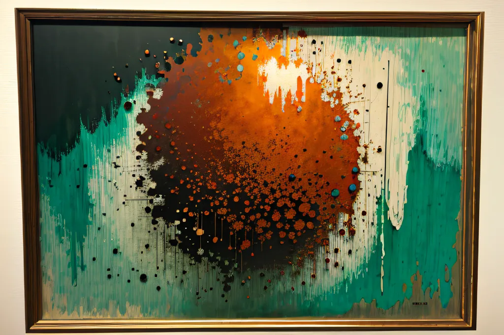 The painting is a dark green background with a large, bright orange center. The orange center has flecks of black, blue, and white paint. The paint is applied in a thick layer and has a rough texture. The painting is framed in a brown wooden frame.