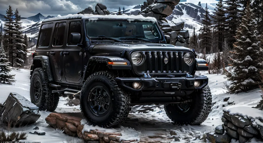 L'image montre un Jeep Wrangler Rubicon noir roulant sur une route enneigée. La route est entourée de rochers et d'arbres recouverts de neige. Le Jeep a ses phares allumés et avance lentement. L'image est prise d'un angle bas, ce qui rend le Jeep encore plus imposant.