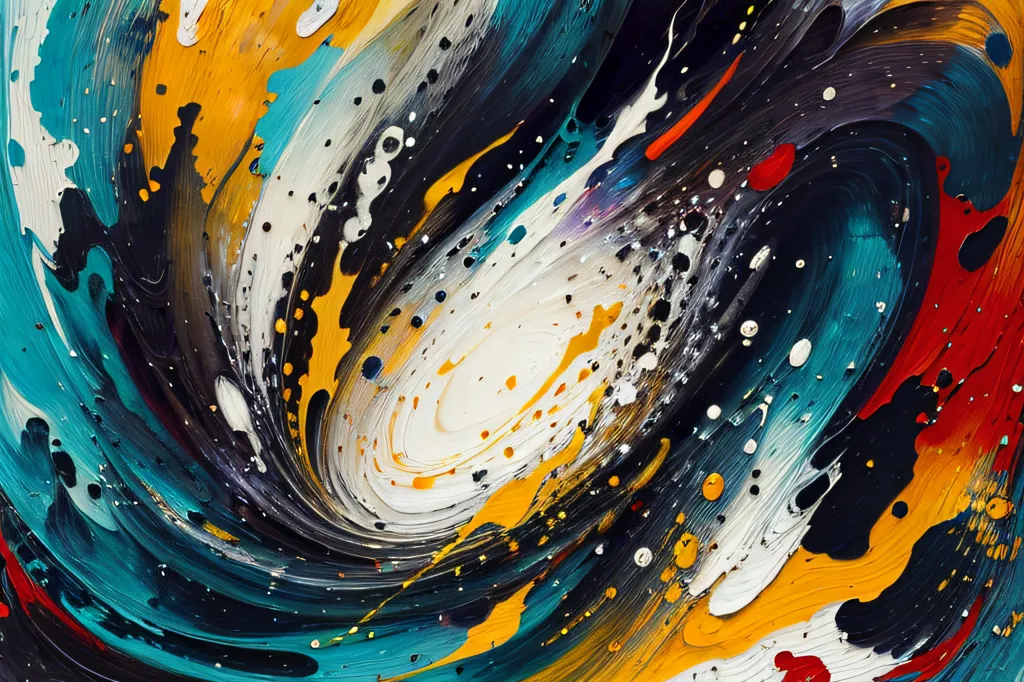 L'image est une peinture abstraite colorée. Elle comporte une variété de couleurs, notamment du bleu, du vert, du jaune et de l'orange. Les couleurs sont tourbillonnées ensemble dans un vortex. Il y a aussi quelques points blancs dans la peinture. La peinture a beaucoup d'énergie et de mouvement. C'est une peinture très dynamique et captivante.