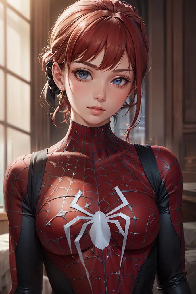 The image is a digital painting of a young woman in a Spider-Man costume. She has long red hair, blue eyes, and a friendly expression on her face. She is wearing a red and blue Spider-Man suit with a white spider logo on the chest. There is a window in the background.