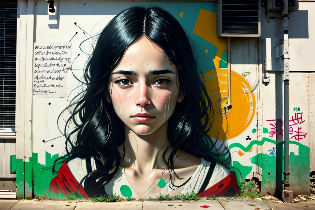 The image is a street art mural of a young woman with long black hair and brown eyes. She is looking at the viewer with a sad expression. The mural is painted on a white wall and there is some graffiti on the wall around it. The mural is in an urban setting.