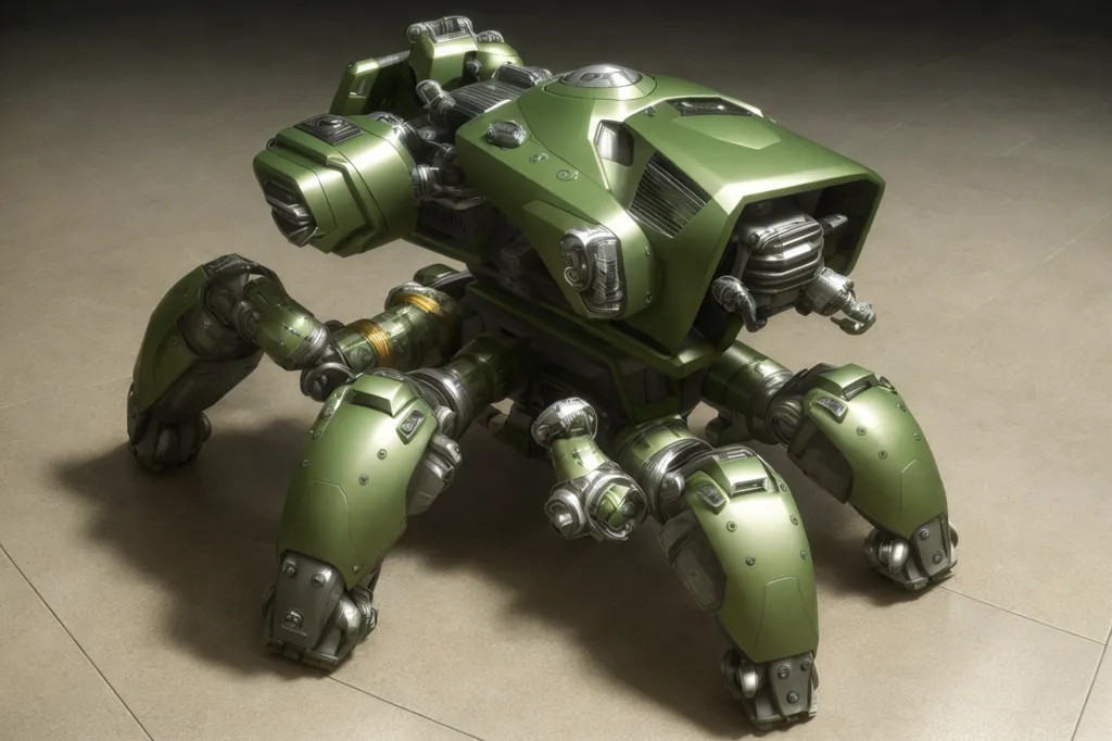 The image is a rendering of a fictional robot. It has six legs, each with three joints. The body of the robot is green and has a metallic texture. There are several small details on the body, such as rivets and panels. The robot also has a head, which is mounted on a short neck. The head has two eyes and a mouth. The robot is standing on a flat surface, which is probably a floor. The background is a dark, neutral color.