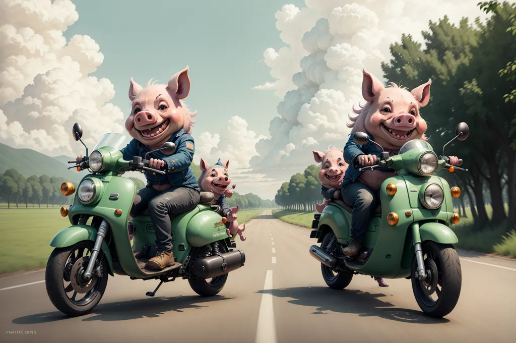 This is an image of a family of pigs riding green motorbikes on a road. There are two adult pigs and two smaller ones. The adult pigs are wearing blue jeans and white shirts. The little pigs are wearing pink shirts. The background is a road with green fields and trees on either side. The sky is blue and there are white clouds.