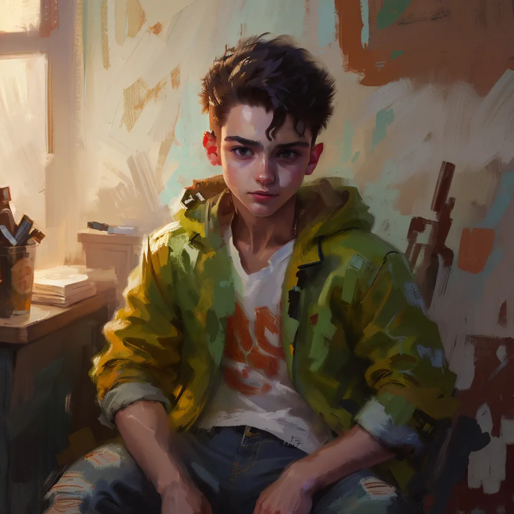 Esta es una pintura de un hombre joven. Tiene el cabello corto y oscuro y ojos de color marrón claro. Lleva una camisa blanca, una chaqueta verde y pantalones vaqueros azules. Está sentado en una silla con las manos sobre el regazo. Hay una mesa a su lado con algunos papeles y una taza. El fondo es una pared con una pintura de un bosque con un árbol grande en el centro. El hombre mira la pintura con una expresión pensativa.