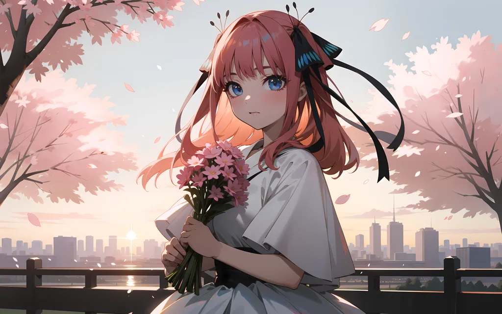 The image is a painting of a young girl with pink hair and blue eyes. She is wearing a white dress with a pink sash and has a butterfly hairpin in her hair. She is standing in a field of flowers with a large city in the background. The sky is a gradient of pink and blue and there are cherry blossoms falling from the trees. The girl is holding a bouquet of flowers and has a gentle smile on her face.