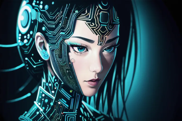 The image is a portrait of a young woman with blue hair and blue eyes. She has a cybernetic implant on her right cheek and a glowing blue circuit board pattern on her face. She is wearing a black bodysuit with a high collar. The background is dark blue.