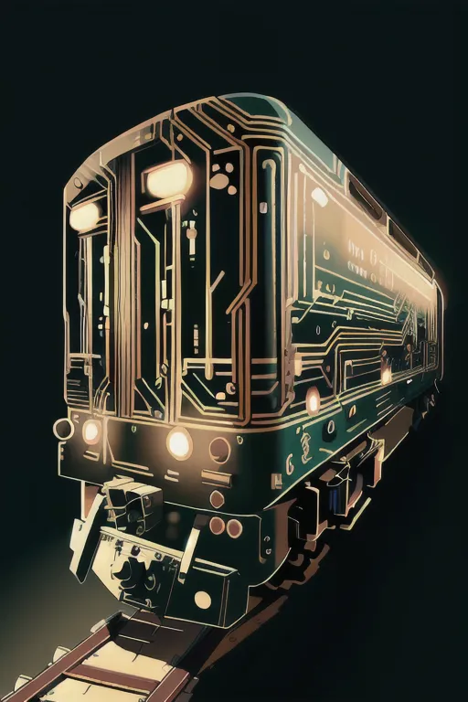 The image shows a black train with yellow and green highlights. The train is covered in a pattern of circuit boards. It is sitting on a track with a night sky in the background.