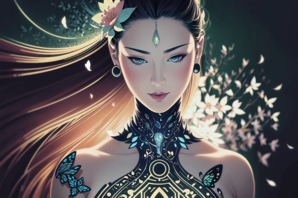 The image is a portrait of a beautiful Asian woman with long black hair and blue eyes. She is wearing a black and gold necklace and has a flower in her hair. There are also butterflies on her shoulders. The background is a dark green with white flowers. The woman is looking at the viewer with a serious expression.