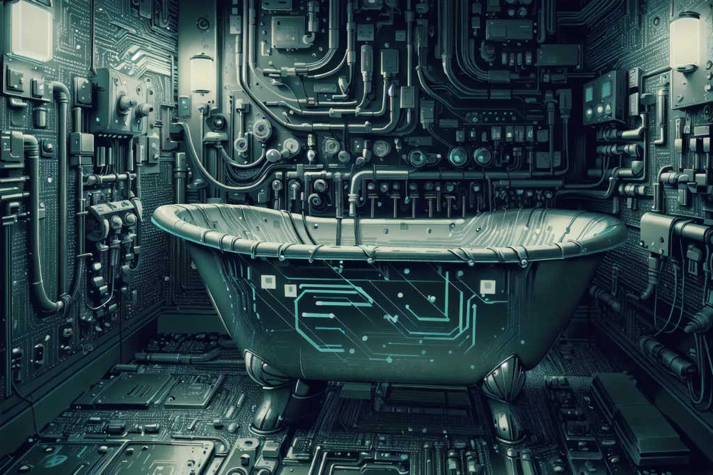 The image is a bathroom with a bathtub, sink, and toilet. The walls, floor, and ceiling are all made of metal and covered in pipes, wires, and other machinery and the bathtub is made of metal with a circuit board pattern on it. The image is dark and has a futuristic feel to it.