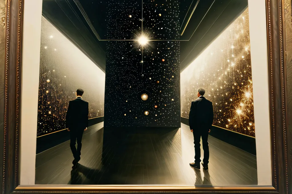 The image is a painting of two men in suits standing in a long, narrow room with a starry night sky on the walls. The room is dark, and the only light comes from the stars. The men are both looking at the stars. The painting is done in a realistic style, and the details are very clear. The artist has used a variety of colors to create a sense of depth and atmosphere. The painting is also very symmetrical, which adds to its sense of balance and harmony.