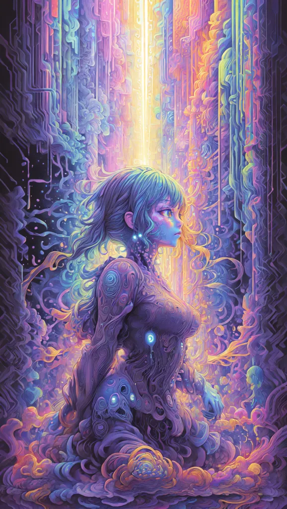 This is an image of a woman standing in a colorful, psychedelic environment. She is wearing a blue and purple bodysuit with a glowing white orb in the center. The background is filled with bright, swirling colors. The woman's hair is flowing around her head and she has a serene expression on her face. The image is very detailed and has a surreal, dreamlike quality.