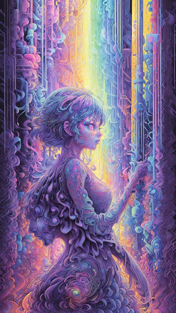 The image is a depiction of a woman standing in a colorful, psychedelic environment. The woman is facing to the left of the viewer and is wearing a purple dress with a white collar. Her hair is purple and flowing down her back. The background is filled with bright colors and abstract shapes, giving the image a surreal and dreamlike quality.