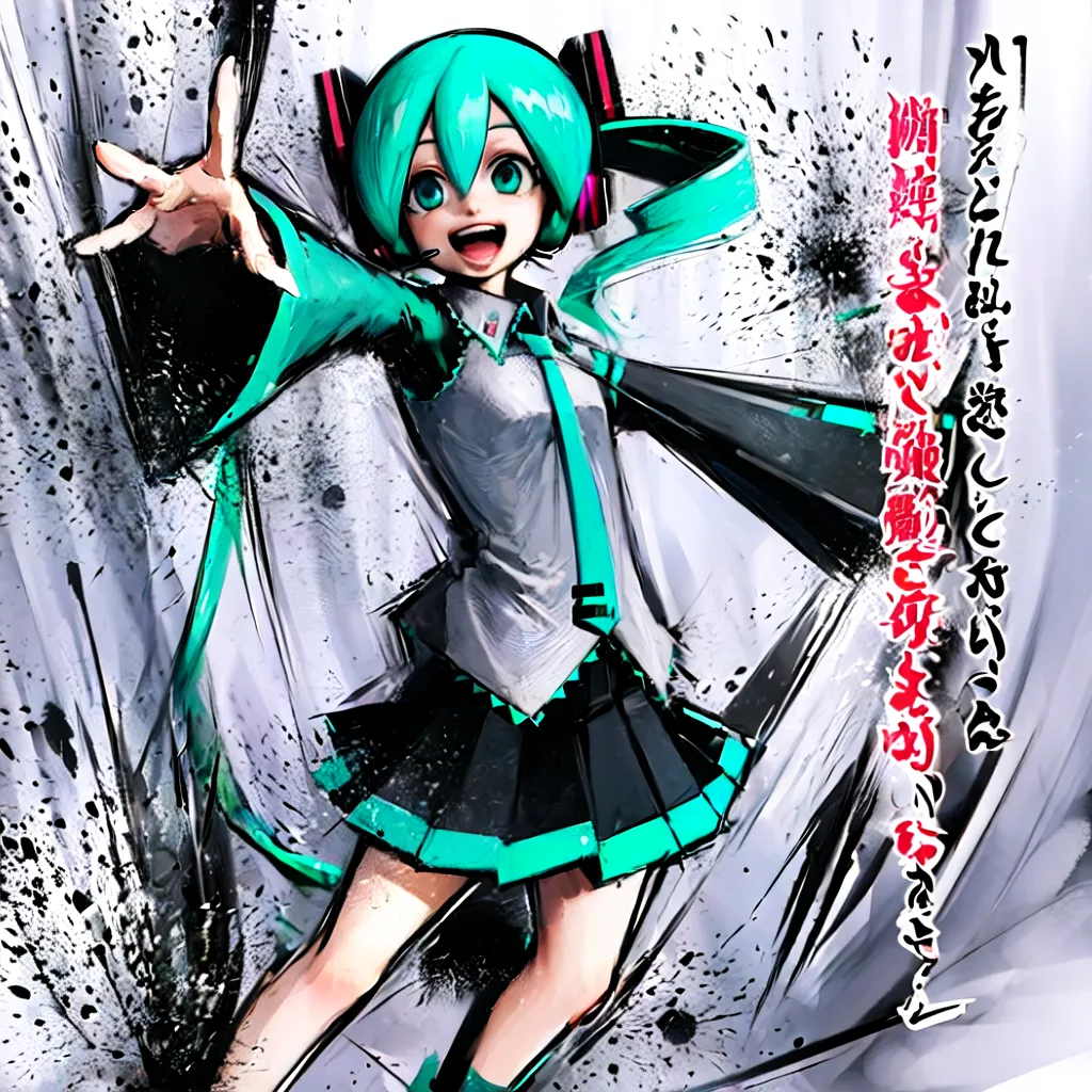 The image is a colorful illustration of a female character with long green hair and blue eyes. She is wearing a white and black outfit and has a large green and black ribbon in her hair. She is standing in a dynamic pose with her arms outstretched and is surrounded by splashes of paint. The background is white with black and green accents. The character is Hatsune Miku, a Japanese Vocaloid software developed by Crypton Future Media.