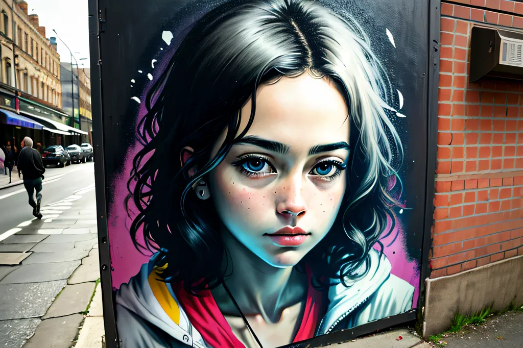 The image is a street art painting of a young girl with dark hair and blue eyes. She is wearing a white shirt and a red jacket. The painting is done in a realistic style and the girl's expression is serious. The painting is on a brick wall and there is a building with a glass door and windows in the background. There is a person walking down the street in the foreground.