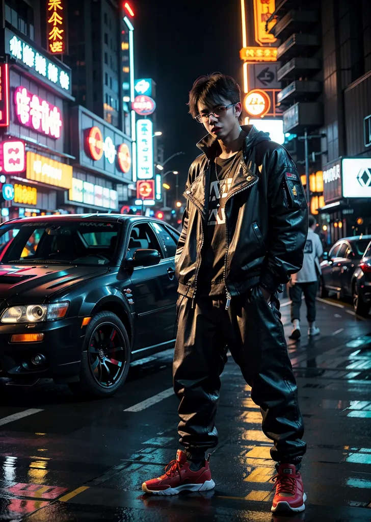 A young man is standing in a dark street with a car behind him. He is wearing a black leather jacket, black pants, and red sneakers. He has a pair of glasses on and his hair is short and black. The street is wet from the rain and the lights from the buildings are reflecting off the ground.