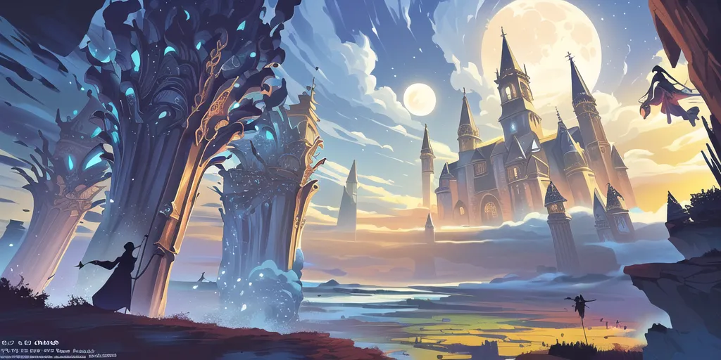 The image is a fantasy landscape. There is a castle in the distance. The castle is surrounded by clouds. There are two large trees in the foreground. The trees are glowing. There is a person standing in front of the trees. The person is wearing a cloak. The person has a staff in their hand. There is a river in the middle of the image. There are two people standing on the river. The people are fishing. There are mountains in the background. The image is very colorful. The colors are vibrant and saturated. The image is very detailed. There is a lot to look at and explore.