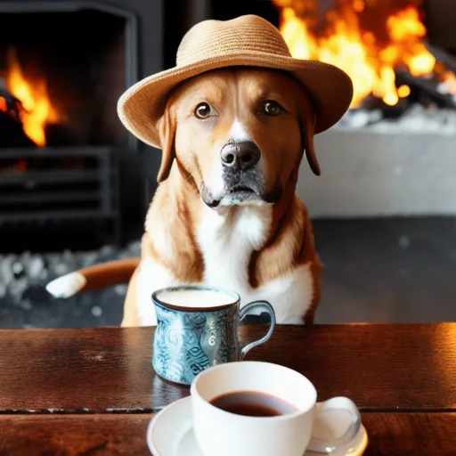 The image shows a dog wearing a straw hat sitting at a table in front of a fireplace. There is a cup of coffee on the table. The dog is looking at the camera. The dog has a serious expression on its face. The image is taken from a low angle, which makes the dog look larger and more imposing. The background is blurry, which helps to focus attention on the dog. The image is well-lit, which brings out the details of the dog's fur and the hat. The overall effect of the image is one of warmth and comfort.