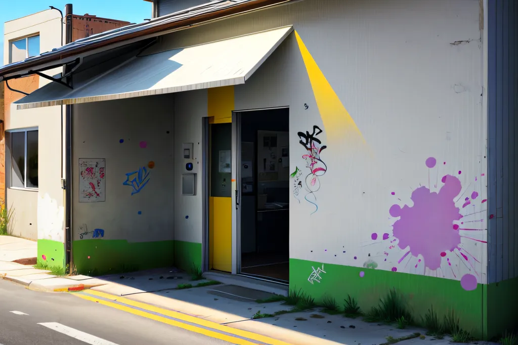 La imagen muestra una esquina de la calle con dos edificios. El edificio de la izquierda es un edificio residencial de dos pisos con una fachada de ladrillo gris y un toldo blanco sobre las ventanas del segundo piso. La puerta del edificio es de color amarillo. El edificio de la derecha es un edificio comercial con una fachada de ladrillo gris y un toldo amarillo grande sobre la puerta principal. La puerta del edificio es de color negro. Hay graffiti en las paredes de ambos edificios. La calle está pavimentada con asfalto y tiene una línea amarilla pintada en el centro. Hay un cruce peatonal blanco pintado en la calle frente a la puerta del edificio comercial.