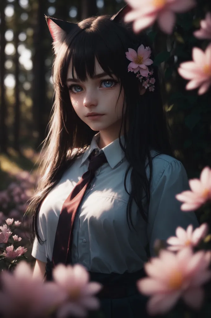 The image is a portrait of a young woman with cat ears. She has long, dark brown hair and blue eyes. She is wearing a white shirt and a red tie. There are pink flowers in the background. The woman is standing in a forest. She has a serious expression on her face.