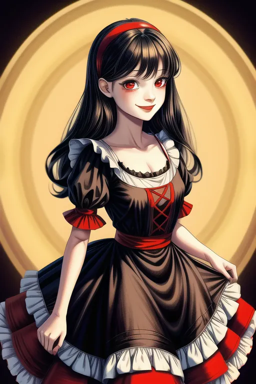 This image shows a young woman with long black hair and red eyes. She is wearing a black and red dress with a white collar. The dress has a corset-like bodice with red lacing. The skirt is full and has a white petticoat. She is also wearing a red headband. The background is a simple gradient from yellow to orange.