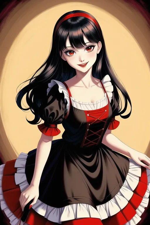 The picture shows a young woman with long black hair and red eyes. She is wearing a black and red dress with a white collar. The dress has a corset-like bodice with criss-crossing red laces. The skirt portion is black with a red and white ruffled underskirt. She is smiling and has a slight blush on her cheeks. There is a bright light or halo behind her head.