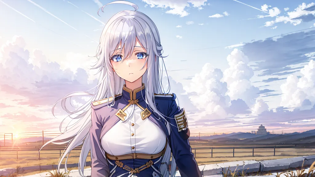 The image is an anime-style drawing of a young woman with long white hair and blue eyes. She is wearing a white military-style uniform with gold trim. She is standing in a field of grass, with a large fence or wall behind her. The sun is setting in the background, casting a warm glow over the scene. The sky is a gradient of blue and yellow. There are clouds dotting the sky. The girl is looking to the left of the frame, with a sad expression on her face.