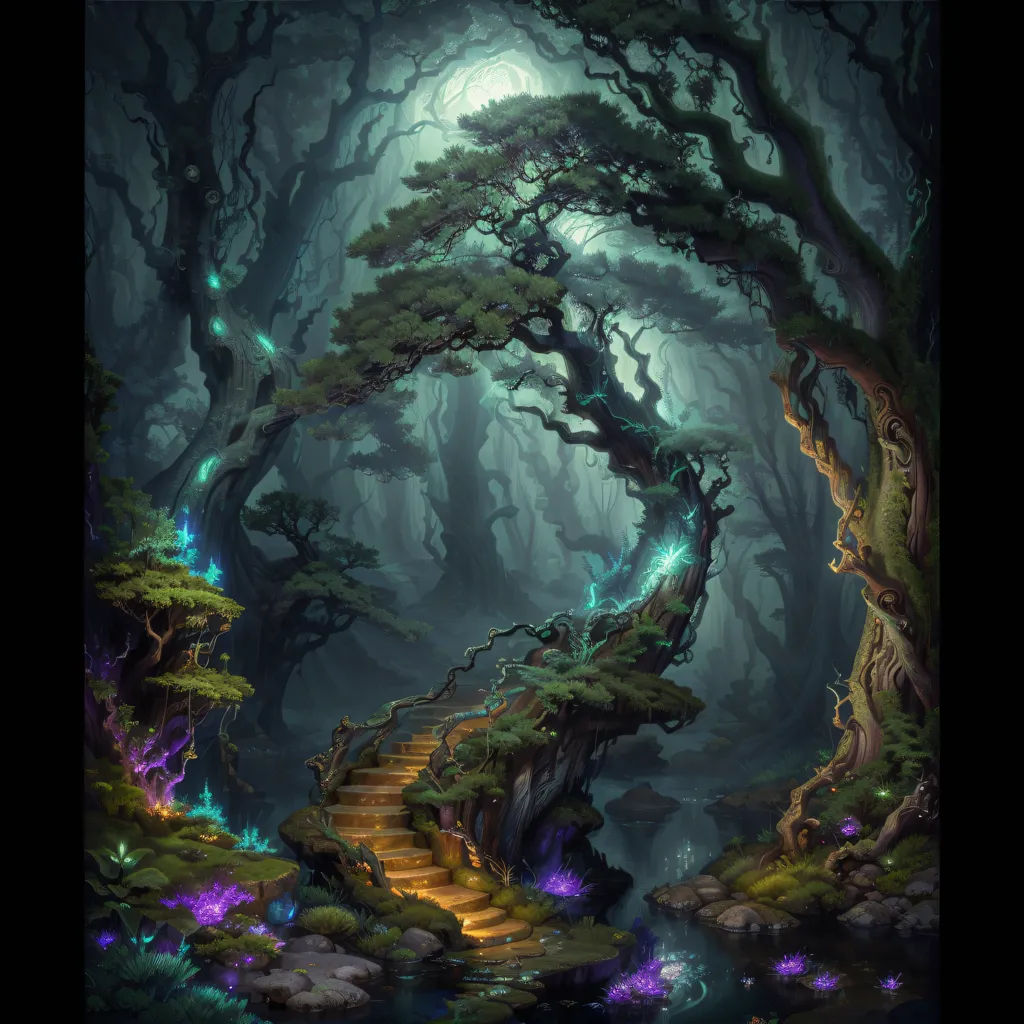 The image is a digital painting of a magical forest. The forest is dark and mysterious, with tall trees and thick foliage. The trees are covered in glowing mushrooms and flowers, and there is a river running through the forest. There is a staircase leading up to a tree in the middle of the forest. The staircase is flanked by two glowing mushrooms. There is a full moon in the sky, and the light from the moon is shining through the trees. The image is full of magic and mystery, and it invites viewers to explore the forest and discover its secrets.